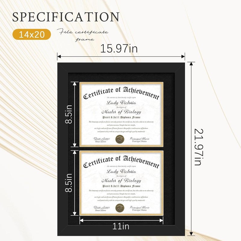 Picrit Double 8.5x11 Black Wood Diploma/Document Frame with Tempered Glass & Black over Gold Mat, and Display 14x20 Degree Certificate Frame without Mat for Wall, 1 pack - Image 3